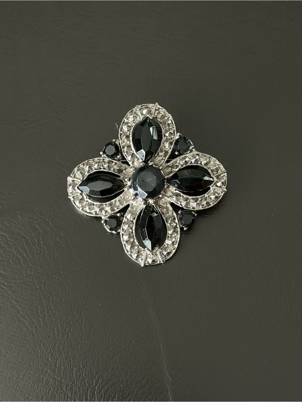 Classic Black Crystal Floral Brooch - Unbranded
